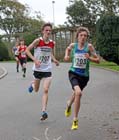 James Cripwell (Gateshead Harriers) battles with Jonathan Shields (City of Sheffield) on the first leg of the under-17s Northern 3 Stage Road Relay.
